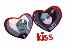 a couple of heart shaped frames with the word kiss below them