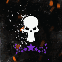 a white skull with purple stars around it on a dark background