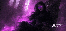 a woman with purple eyes is sitting on a chair with skulls on it