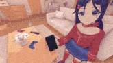a girl is holding a cell phone in her hand in a living room