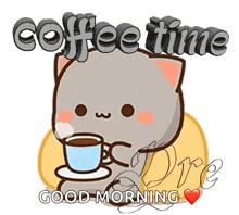 a cartoon cat is holding a cup of coffee and says `` coffee time good morning '' .