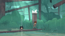 a cartoon of a man being splashed by a waterfall