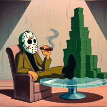 a cartoon of jason voorhees smoking a cigar next to a pile of money