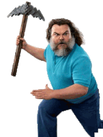 a man with a beard is holding a large hammer