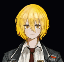 a girl with yellow hair is wearing a suit and tie with a patch on her jacket that says no.3