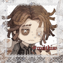 a drawing of a man with dreadlocks and #mithias written in red