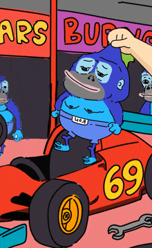 a cartoon of a gorilla in a car with the number 69