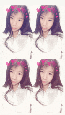 four pictures of a girl with hearts in her hair