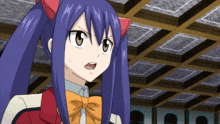 a girl with purple hair and a red bow tie