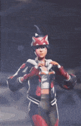 a girl in a fox costume making a heart with her hands