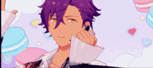 a man with purple hair and yellow eyes is standing in front of hearts