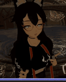 a girl with glasses and a black shirt that says ' nc ' on the front