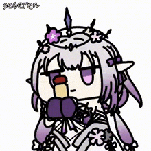a cartoon drawing of a girl with purple hair and a crown on her head