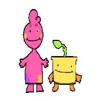 a pink and yellow cartoon character standing next to a yellow potted plant