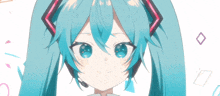 a close up of hatsune miku 's face with blue hair and headphones
