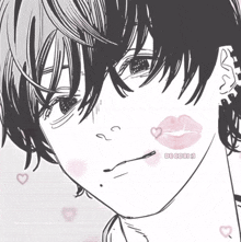 a black and white drawing of a girl with a pink kiss on her cheek