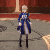 a video game character in a blue and gold dress