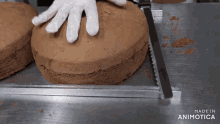 a person is cutting a chocolate cake with a knife and the words made in animotica are visible
