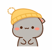 a cartoon cat wearing a yellow hat with a pom pom on it .