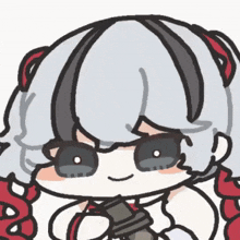 a cartoon drawing of a girl with gray hair and red pigtails