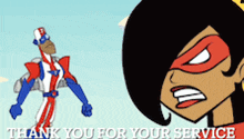 a cartoon of a man and a woman with the words thank you for your service
