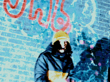 a painting of a person standing in front of a brick wall with graffiti on it that says ' chills '
