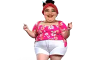 a cartoon of a fat woman wearing a pink floral top and white shorts