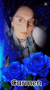 a woman with glasses is surrounded by blue roses and the name carmen on the bottom