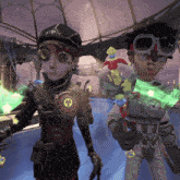 a couple of cartoon characters standing next to each other one of them has a skull on his chest
