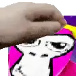 a hand is touching a cartoon character 's face on a pink background .