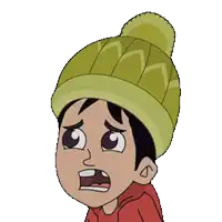 a cartoon boy wearing a green hat and red shirt