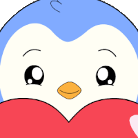 a blue and white penguin is holding a red heart with the word i love you on it