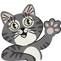 a cartoon cat with green eyes is waving