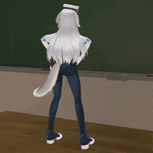 a girl with a dog tail is standing in front of a chalkboard