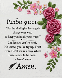 psalm 91 ii with pink roses and green leaves on a white background