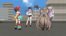 a group of anime characters are standing next to each other on a rooftop