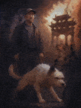 a painting of a man walking a dog