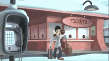 a cartoon character is carrying a suitcase in front of a ticket booth