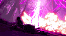 a person is laying on the ground with a purple light coming out of them