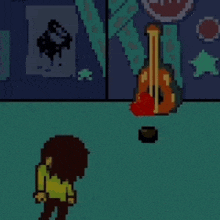a pixel art of a person standing next to a guitar and a bowl .