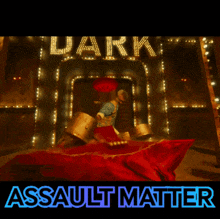 a man is dancing in front of a sign that says dark assault matter