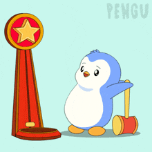 a penguin is doing a handstand in front of a sign that has the word pengu on it