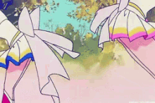 a couple of cartoon characters are standing next to each other in a park .