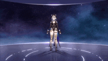 a video game character is standing in a room with a starry sky behind her .