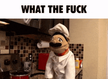 a puppet in a chef 's uniform is standing in a kitchen with the words " what the fuck " above him