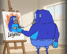 a cartoon of a gorilla painting a picture with the word legend written on it