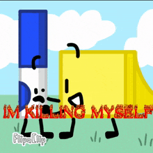a cartoon of a blue marker and a yellow box with the words im killing myself in red letters
