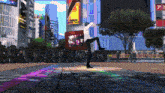 a man stands on one leg in front of a sign that says shibuya