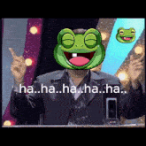 a man in a suit with a frog on his head says ha ha ha ha ha
