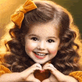 a little girl is smiling and making a heart with her hands .